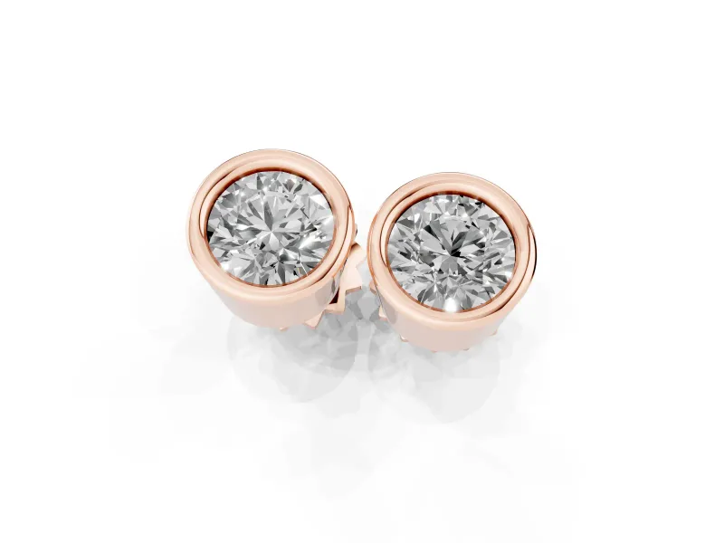 Round Lab-Grown Diamond Full Bezel Solitaire Stud Earrings | Push Backs | Rose Gold