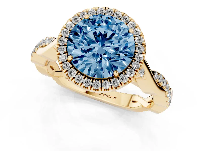 Round Twist Halo Engagement Ring Setting for a Fancy Blue Lab-Grown Diamond | Yellow Gold