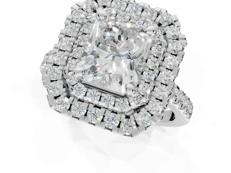 Radiant Cut Lab-Grown Diamond Double Halo Statement Ring Set in Platinum with Pavé Band