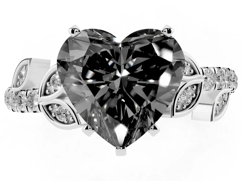 Fancy Black Heart Cut Diamond Solitaire Leaf-Inspired Ring Set in Silver with Pavé Band and Prong Setting