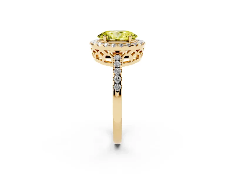Oval Halo Engagement Ring Setting for a Fancy Yellow Lab-Grown Diamond | Pavé Band | Yellow Gold
