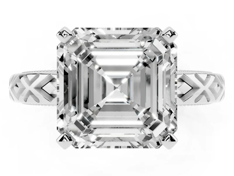 Asscher Cut Vintage Milgrain Solitaire Engagement Ring Setting | X Pattern Band | White Gold