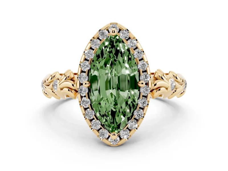 Fancy Green Marquise Cut Diamond Halo Ring Set in Yellow gold with Filigree Leaf Band and Prong Setting