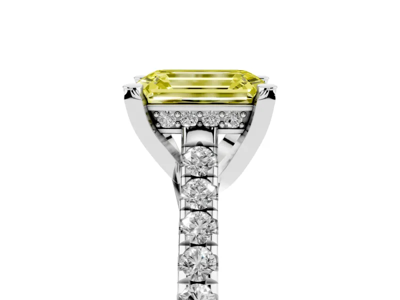 Emerald Cut Hidden Halo Pave Engagement Ring Setting for a Fancy Yellow Lab-Grown Diamond | Claw Prongs | White Gold