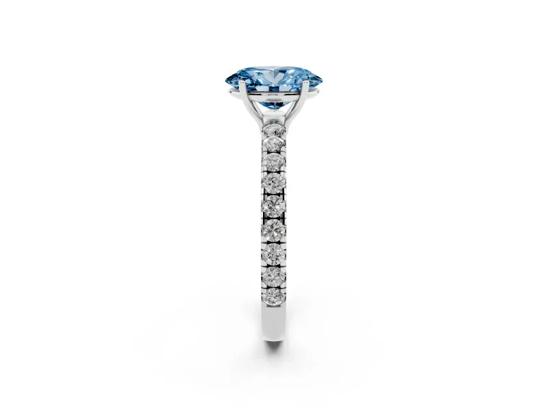 Oval Pave Solitaire Engagement Ring Setting for a Fancy Blue Lab-Grown Diamond | Shared Prong Band | White Gold