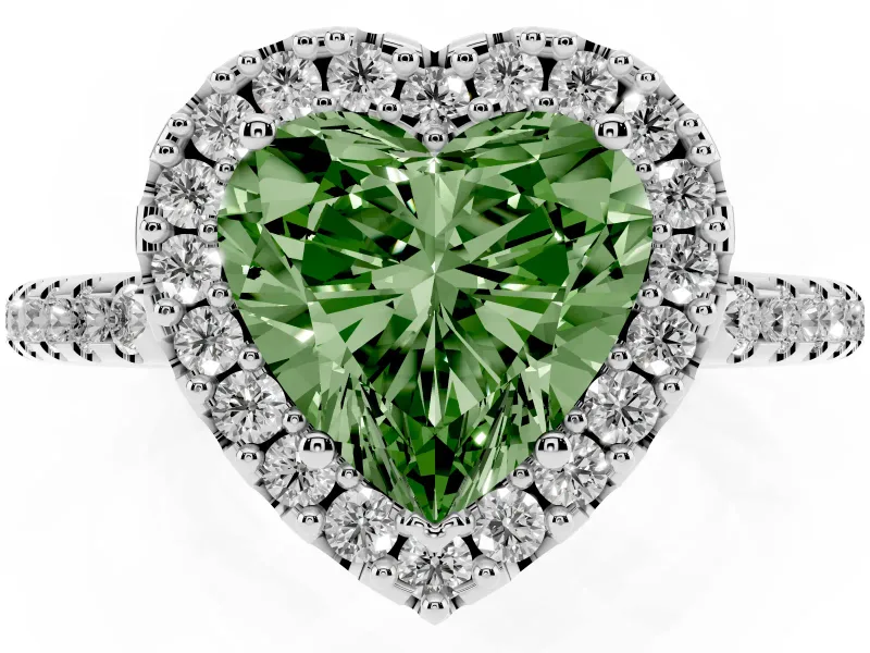 Heart-Shaped Pave Halo Engagement Ring Setting for a Fancy Green Lab-Grown Diamond | Pave Band | Sterling Silver