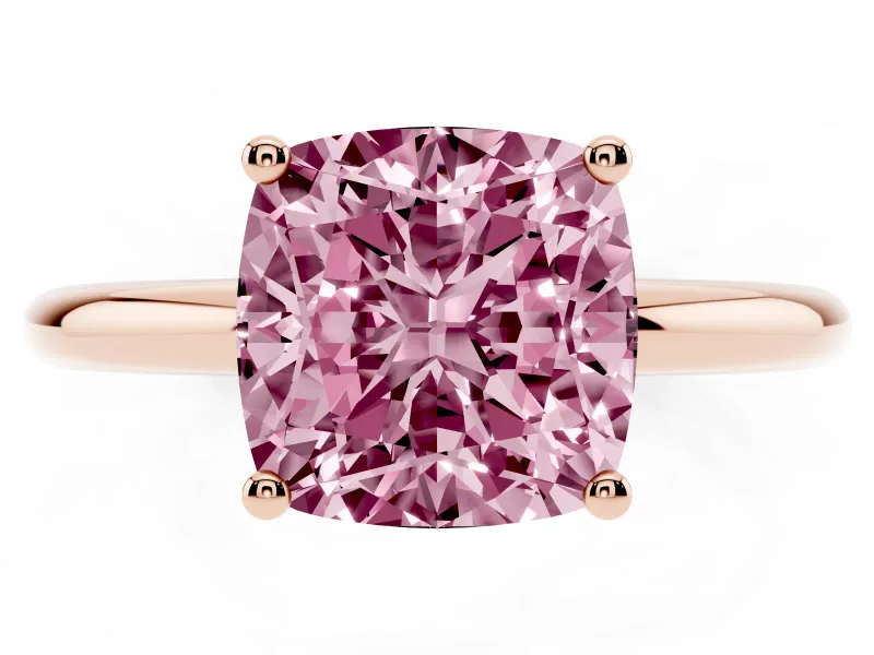 Fancy Pink Cushion Cut Diamond Solitaire Engagement Ring Set in Rose gold with Prong Setting and Polished Band