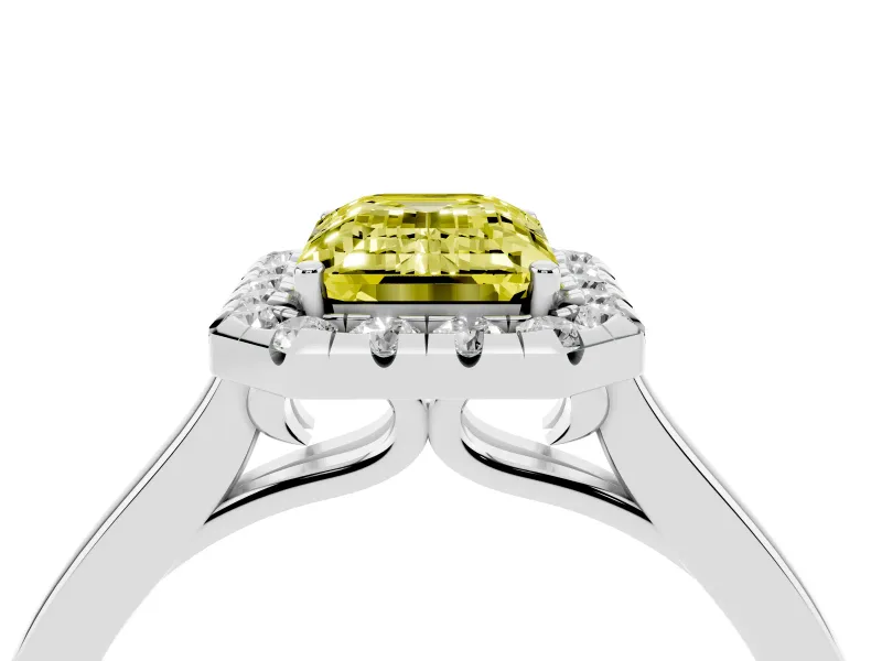 Fancy Yellow Emerald Cut Halo Round Diamond Solitaire Ring Set in White gold with Pavé Band and Prong Setting