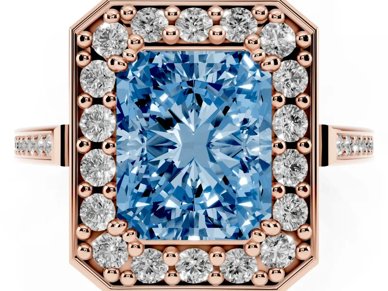 Radiant Cut Halo Engagement Ring Setting for a Fancy Blue Lab-Grown Diamond | Polished Halo Rim | Rose Gold