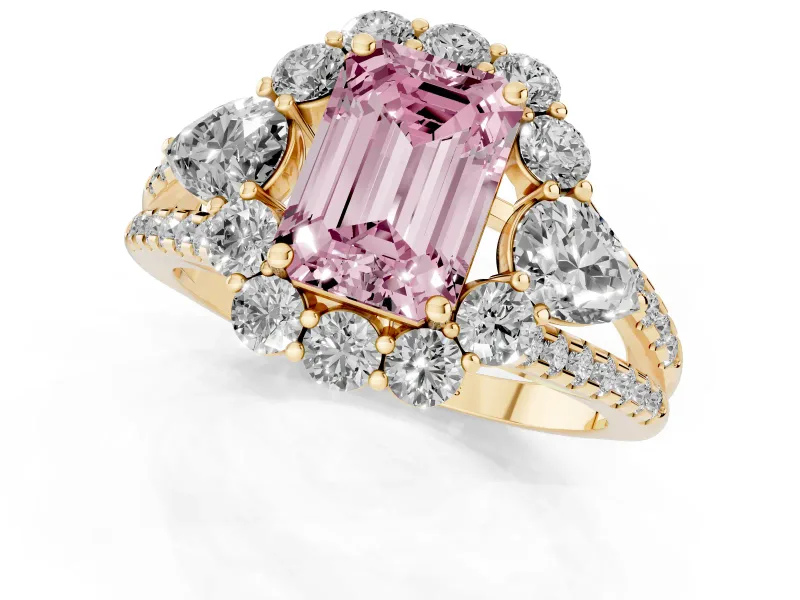 Fancy Pink Emerald Cut Diamond Halo Split Shank Engagement Ring Set in Yellow gold with Prong-Held Center Stone