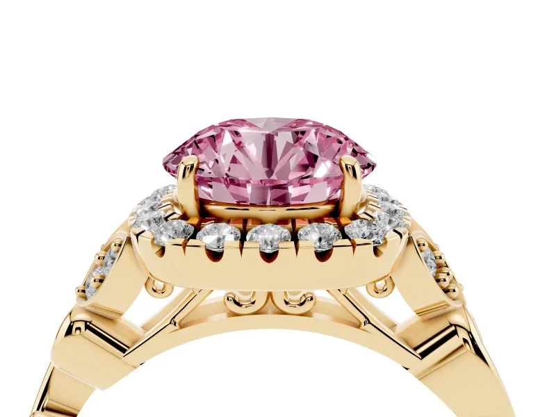 Round Halo Engagement Ring Setting for a Fancy Pink Lab-Grown Diamond | Leaf Shoulders | Yellow Gold