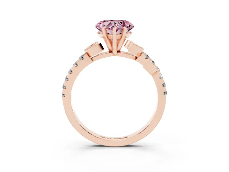 Fancy Pink Heart Cut Diamond Solitaire Leaf-Inspired Ring Set in Rose gold with Pavé Band and Prong Setting