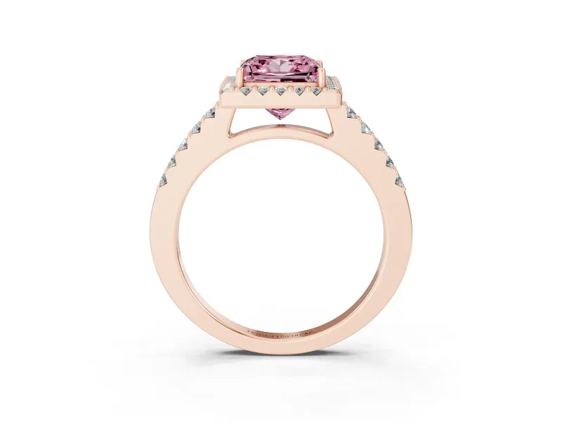 Fancy Pink Princess Cut Diamond Halo Pavé Solitaire Ring Set in Rose gold with Prong-Set Center Stone