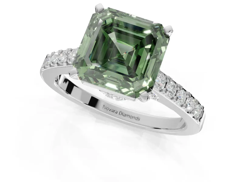 Asscher Cut Pavé Engagement Ring Setting for a Fancy Green Lab-Grown Diamond | Crossover Gallery | Sterling Silver