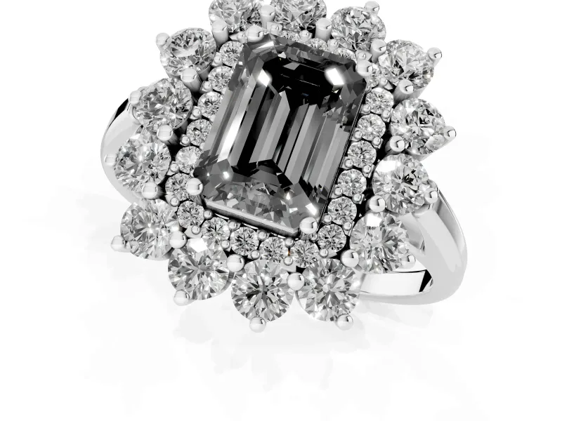 Emerald Cut Floral Double Halo Engagement Ring Setting for a Black Center | Plain Band | White Gold