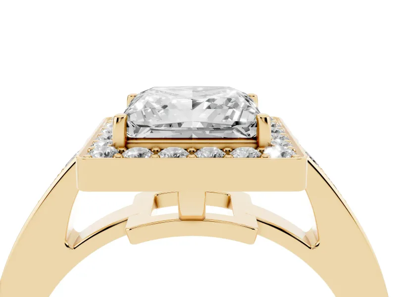 Princess Cut Diamond Halo Pavé Engagement Ring Set in Yellow gold with Bezel Setting