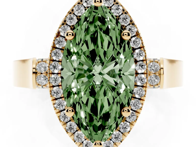 Fancy Green Marquise Cut Diamond Halo Ring Set in Yellow gold with Pavé-Lined Split Shank Band