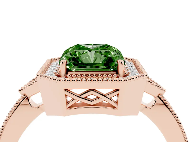 Radiant Cut Milgrain Halo Engagement Ring Setting for a Fancy Green Lab-Grown Diamond | Graduated Pavé | Rose Gold