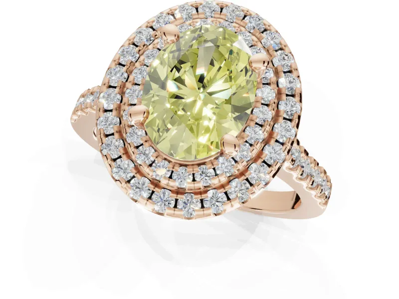 Canary Yellow Oval Lab-Grown Diamond Double Halo Statement Ring Set in Rose Gold with Pavé Band