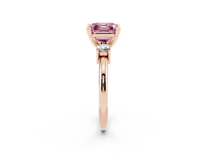 Asscher Cut Three Stone Engagement Ring Setting for a Fancy Pink Lab-Grown Diamond | Round Side Stones | Rose Gold