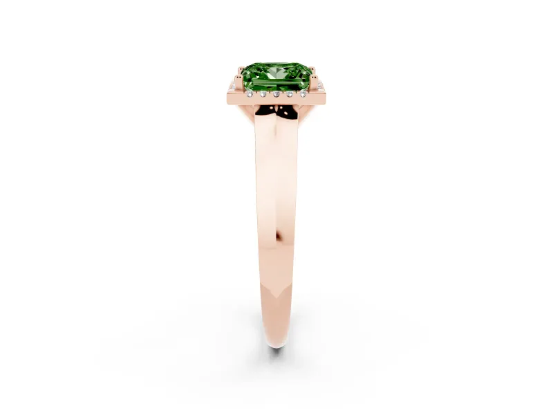 Fancy Green Princess Cut Diamond Halo Ring Set in Rose gold with Cathedral Band and Prong Setting