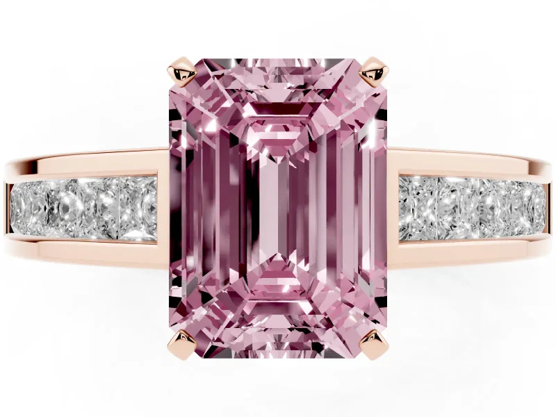 Fancy Pink Emerald Cut Diamond Solitaire Ring Set in Rose gold with Channel-Set Band and Prong Setting