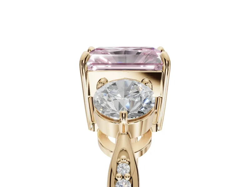Radiant Cut Three Stone Engagement Ring Setting for a Fancy Pink Lab-Grown Diamond | Tapered Pave Band | Yellow Gold