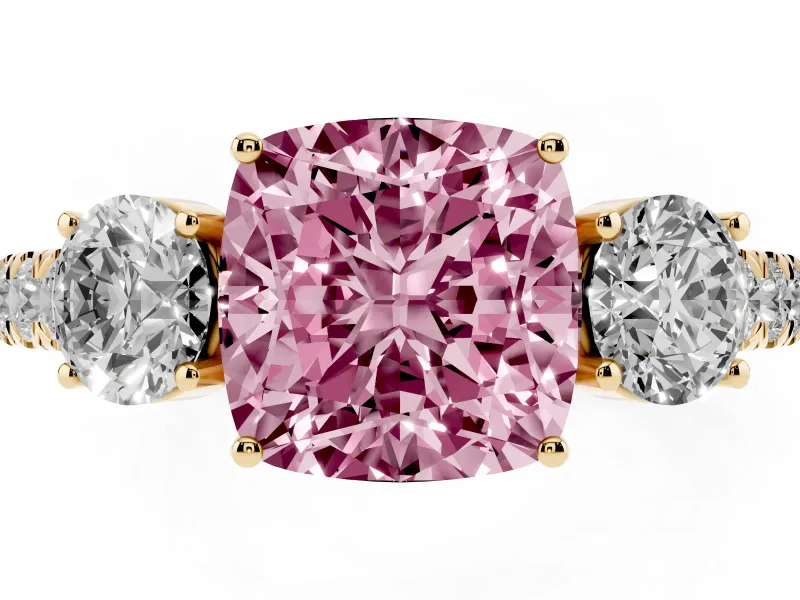Cushion Cut Engagement Ring Setting for a Fancy Pink Lab-Grown Diamond | Three Stone | Yellow Gold