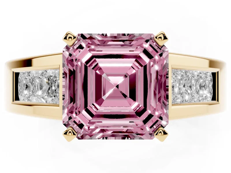 Fancy Pink Asscher Cut Diamond Solitaire Ring Set in Yellow gold with Channel-Set Accent Stones and Prong Setting