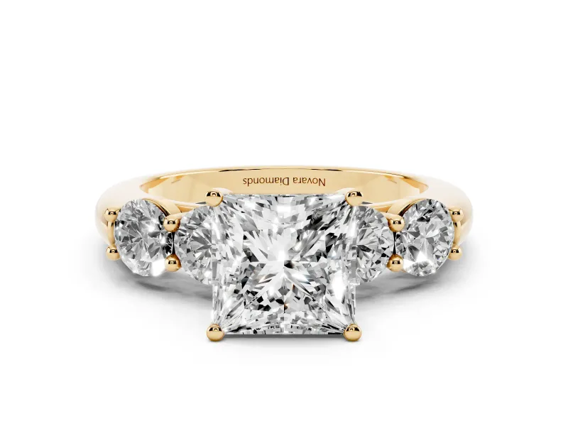 Princess Cut Diamond Five-Stone Prong Set Ring Set in Yellow gold with Classic Band