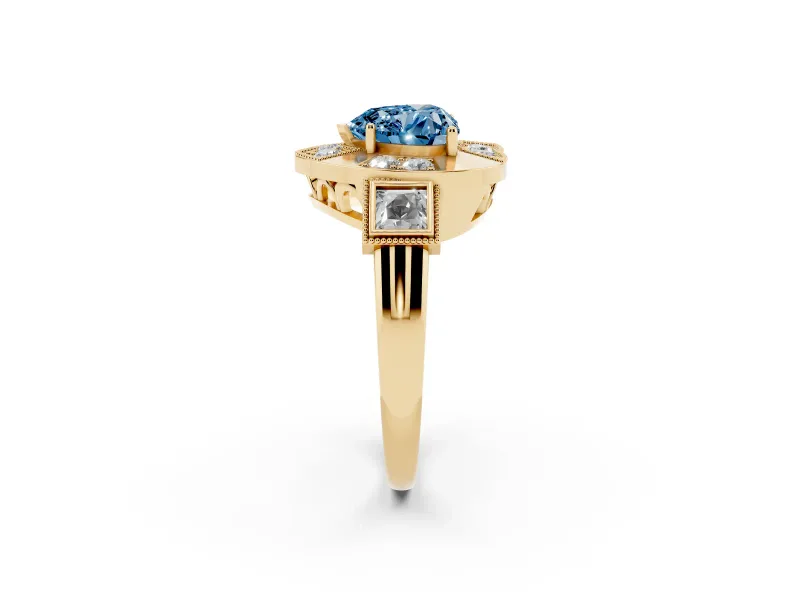 Fancy Blue Heart Cut Diamond Milgrain Halo Ring Set in Yellow gold with Split Shank
