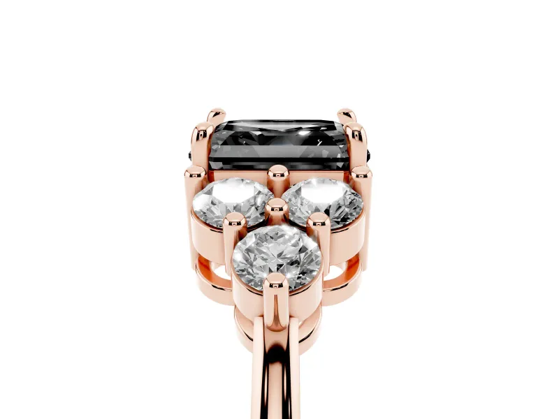 Fancy Black Asscher Cut Diamond Solitaire Ring Set in Rose gold with Cluster Accents on Each Side