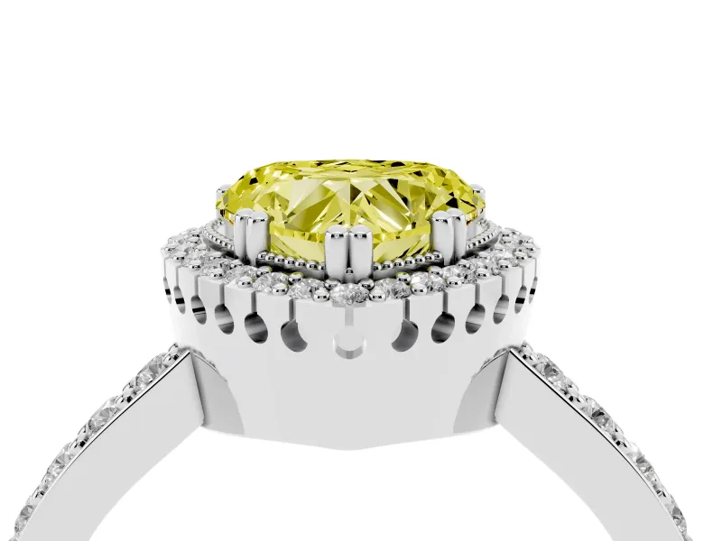 Fancy Yellow Heart Cut Diamond Halo Engagement Ring Set in White gold with Milgrain Detail and Pavé Band