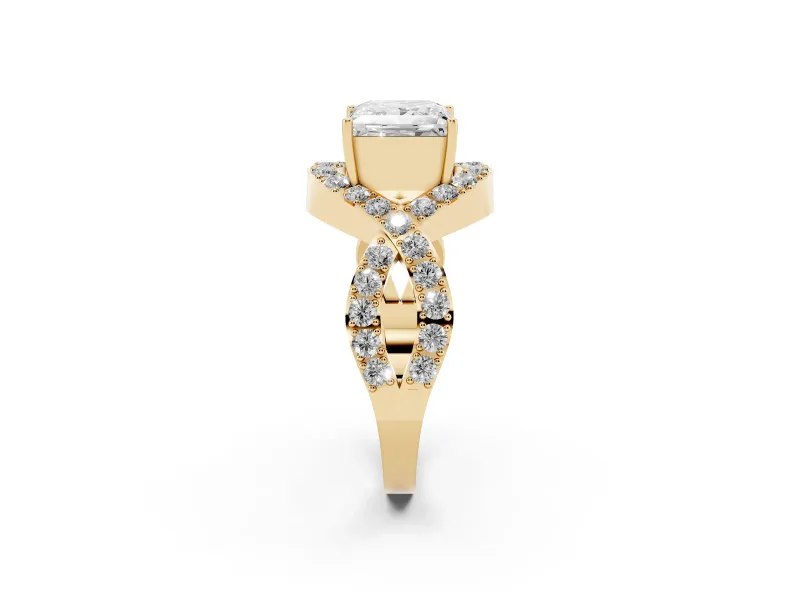 Princess Cut Diamond Solitaire Twist Band Pavé Engagement Ring Set in Yellow gold
