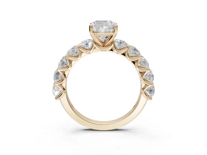 Cushion Cut Side Stone Engagement Ring Setting | Scalloped Prong Accents | Yellow Gold