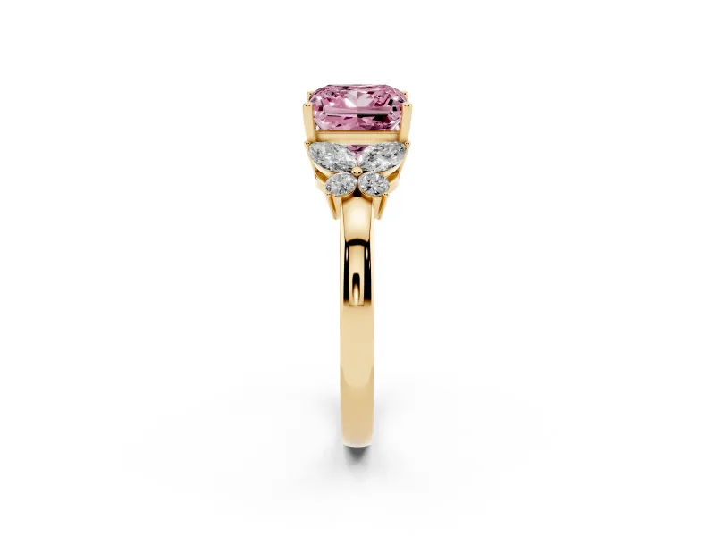 Fancy Pink Princess Cut Diamond Solitaire Floral Ring Set in Yellow gold with Marquise Petals and Prong Setting