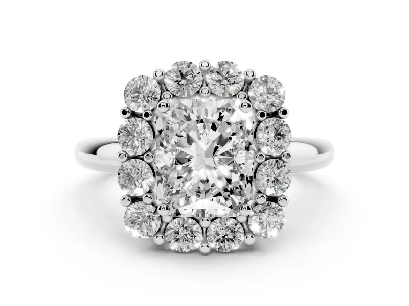 Radiant Cut Diamond Halo Cluster Engagement Ring Set in White gold with Polished Band and Prong Setting