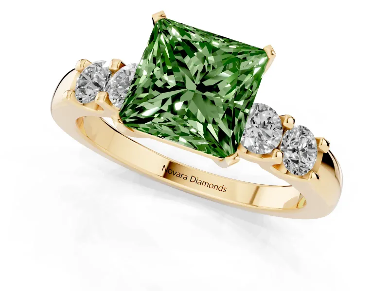 Fancy Green Princess Cut Diamond Five-Stone Prong Set Engagement Ring Set in Yellow gold with Channel Band