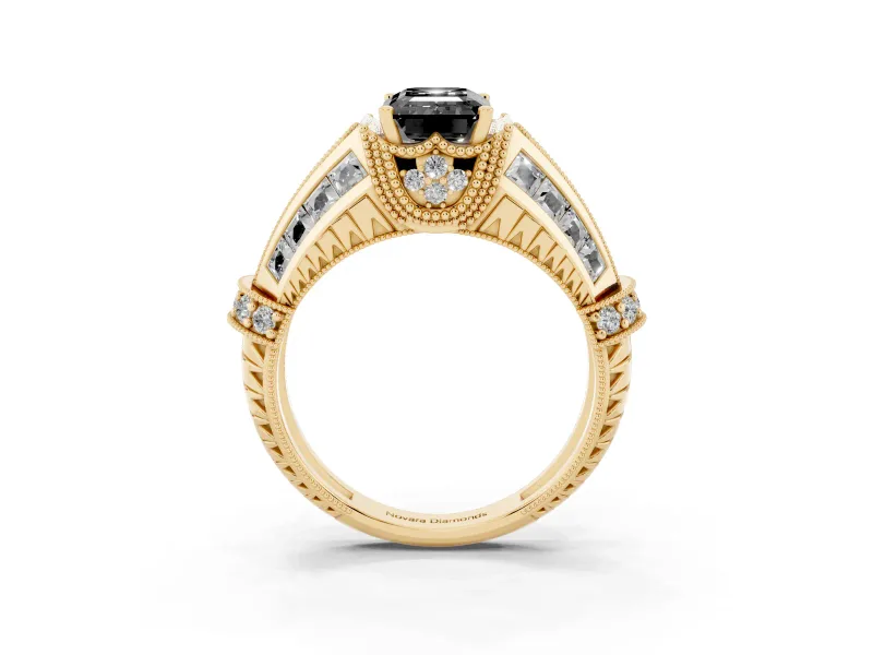 Fancy Black Emerald Cut Diamond Vintage-Inspired Milgrain Ring Set in Yellow gold with Accent Split Shank