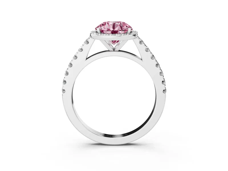 Fancy Pink Round Cut Diamond Halo Engagement Ring Set in Platinum with Pavé Band and Prong Setting