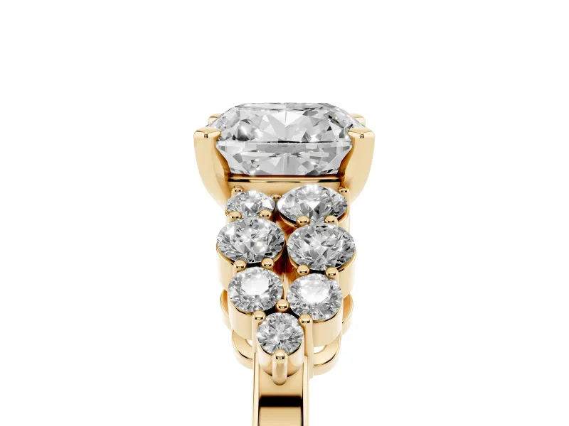 Cushion Cut Diamond Cluster Engagement Ring Set in Yellow gold with Pavé Band and Prong Setting