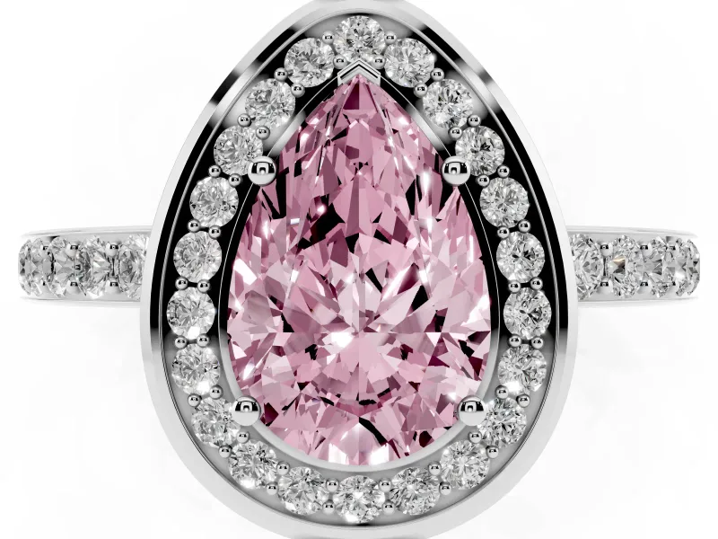 Fancy Pink Pear Cut Diamond Halo Ring Set in Silver with Bezel Frame and Pavé Band