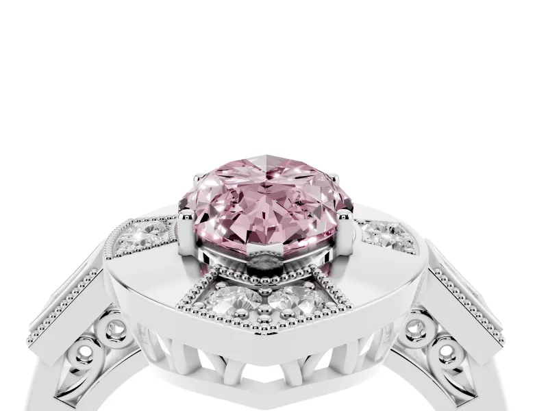 Fancy Pink Marquise Cut Diamond Milgrain Halo Ring Set in Platinum with Split Shank