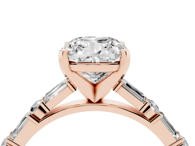 Cushion Cut Diamond Solitaire Set in Rose gold with Side Baguettes and Channel Set Band