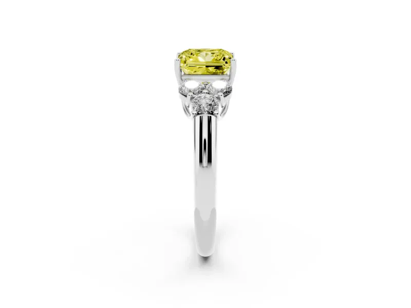 Fancy Yellow Princess Cut Diamond Cluster Ring Set in White gold with Round Accent Stones and Prong Setting on a Plain Band