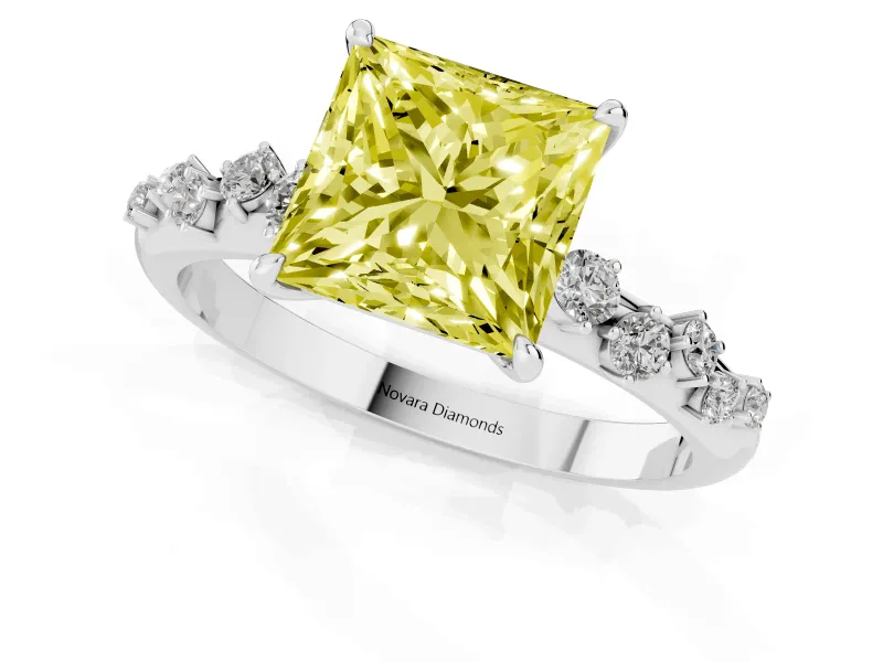Fancy Yellow Princess Cut Diamond Cluster Solitaire Ring Set in Platinum with Prong Setting