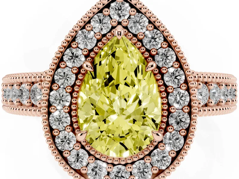 Fancy Yellow Pear Cut Diamond Halo Ring Set in Rose gold with Round Accent Halo, Pavé Band and Prong Setting