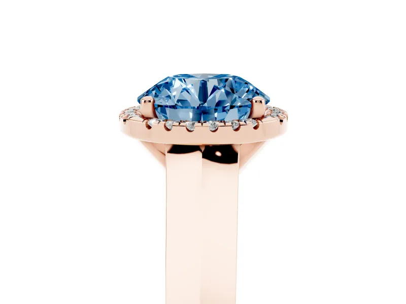 Round Halo Engagement Ring Setting for a Fancy Blue Lab-Grown Diamond | Knife-Edge Band | Rose Gold
