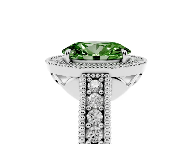 Fancy Green Oval Cut Diamond Halo Ring Set in Silver with Round Accent Halo, Pavé Band and Prong Setting