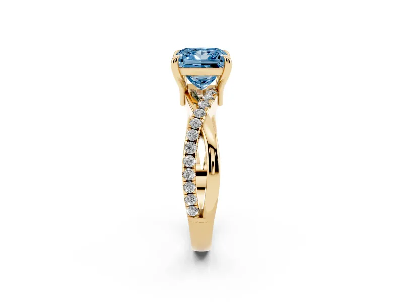 Fancy Blue Princess Cut Diamond Twist Band Solitaire Set in Yellow gold with Pavé Accents and Prong Setting